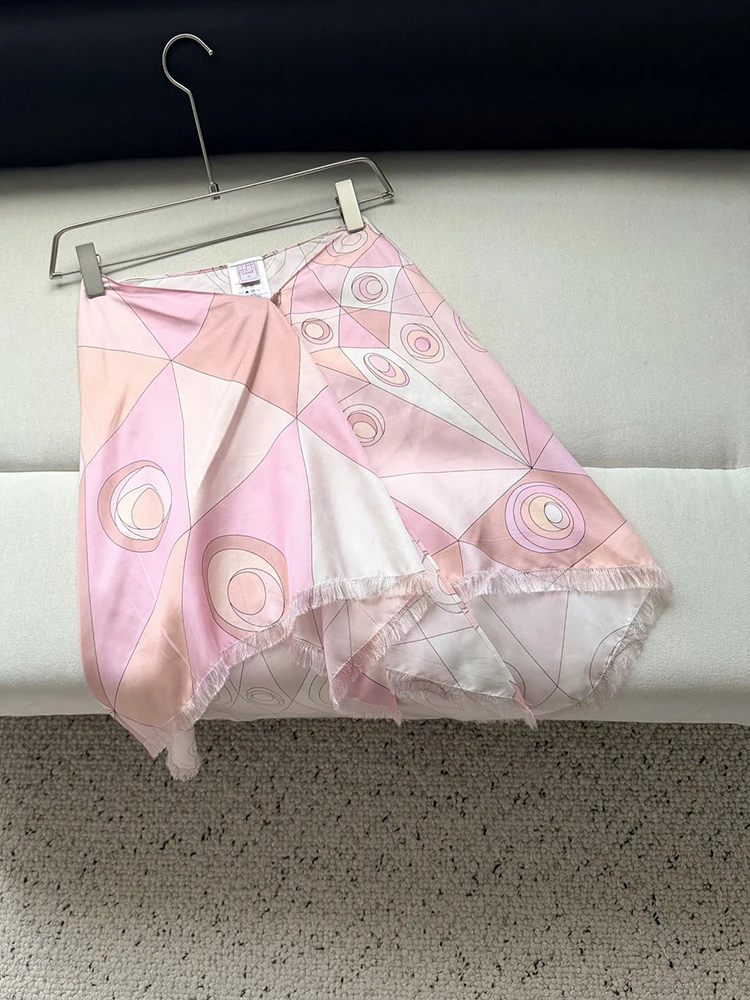Summer Fashion Outdoors Resort Elegant Geometric Print Silk Midi Skirt Women's Middle Waist A-Line Asymmetrical Tassel Hem Skirt