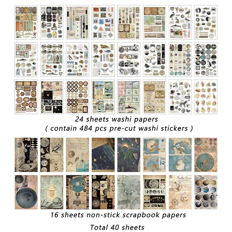 ヴィンテージ風和紙ステッカー スクラップブッキング用、40枚入り エフェメラブック アートジャーナリング用-POS