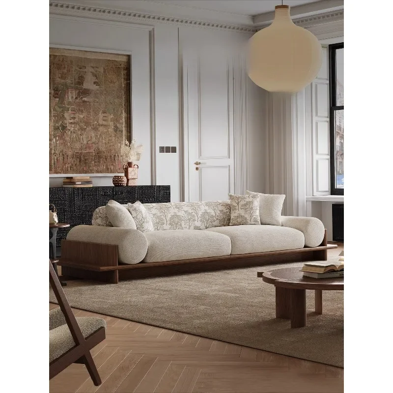 French retro solid wood sofa cream style living room straight row fabric combination Song's aesthetic