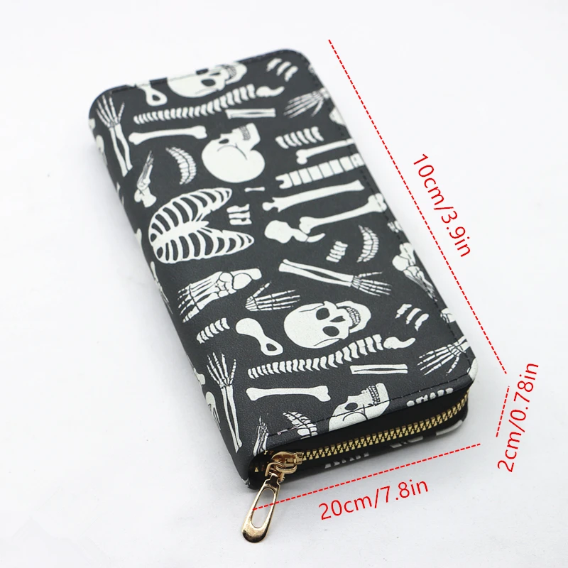 Halloween Skeleton  Zip Wallet Womens Long Purses Handbags Coin Purse Cards Holder PU Billfold Wallet
