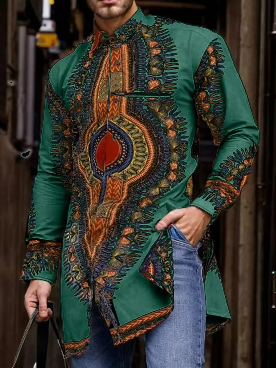 2025 Men's Clothing Stand Collar Golden Print Long Sleeve Shirt Trendy Hip Hop Africa Casual Clothes Ethnic Style Mid-Length Top