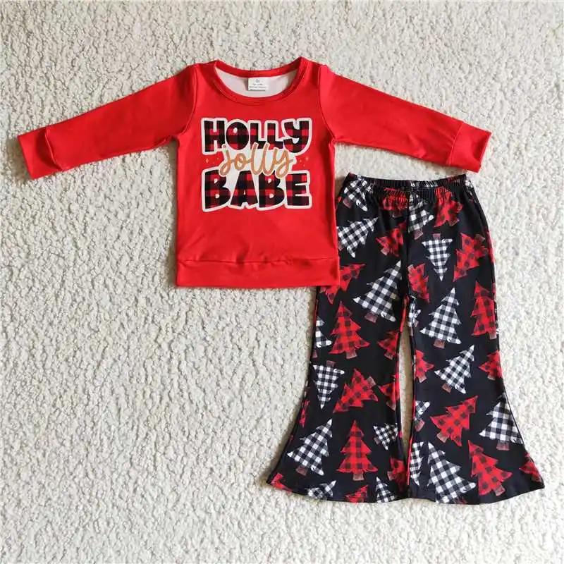 

2022 New Rts Christmas Red Holly Babe Long Sleeve Shirt Black Red Trees Bell Bottoms Print Pants Fashion High Quality Baby Girls