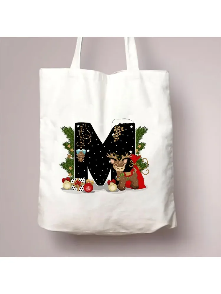 Christmas Alphabet Flower Tote Bags for Women Large Capacity Canvas Casual New Shopping Printed Reusable Handbag Eco Bag Large