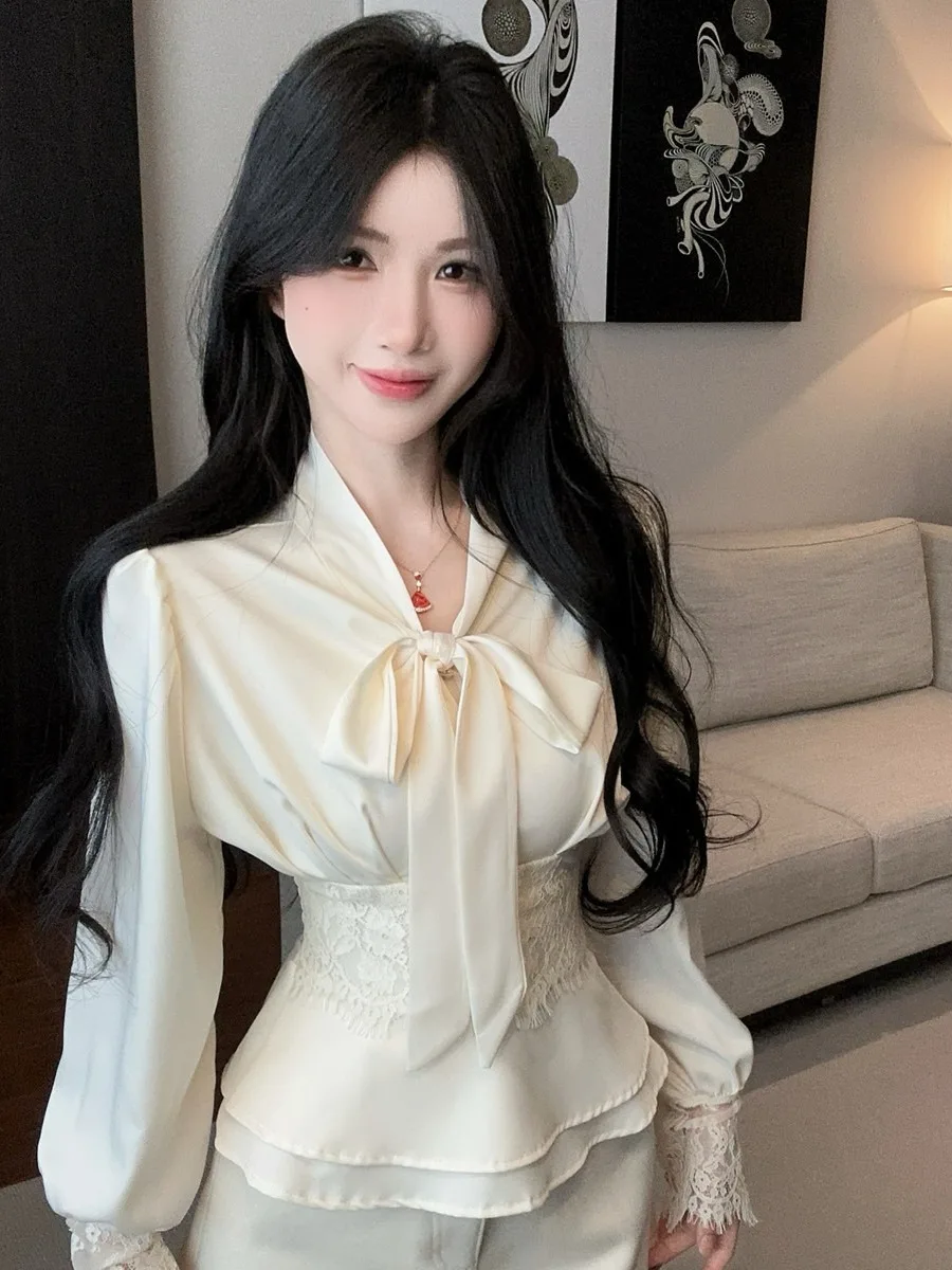 

Женский облегающий топ Ele Knot Bubble с длинным рукавом, кружевной, тонкий, базовый, для ранней весны