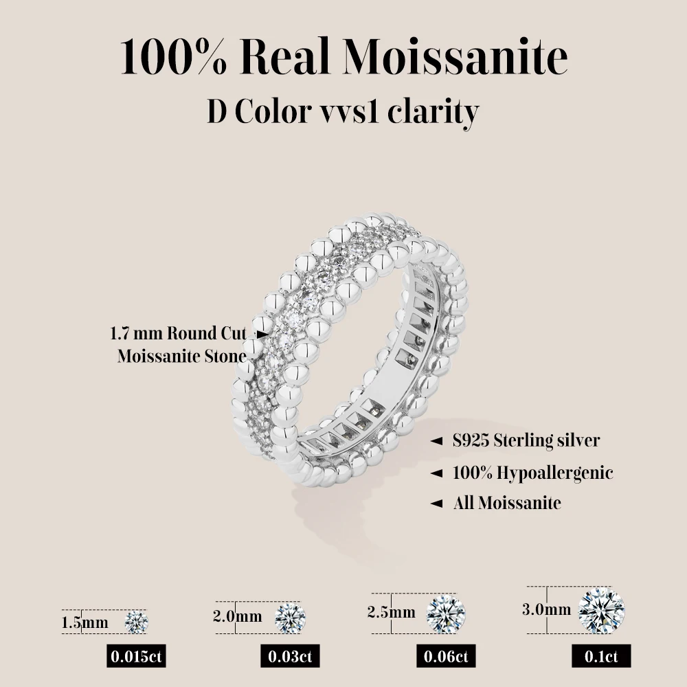 MintyBox 925 Sterling Silver DVVS1 Moissanite Rings for Women Men Trendy Gold Beaded Edge Eternity Band Engagement Party Jewelry