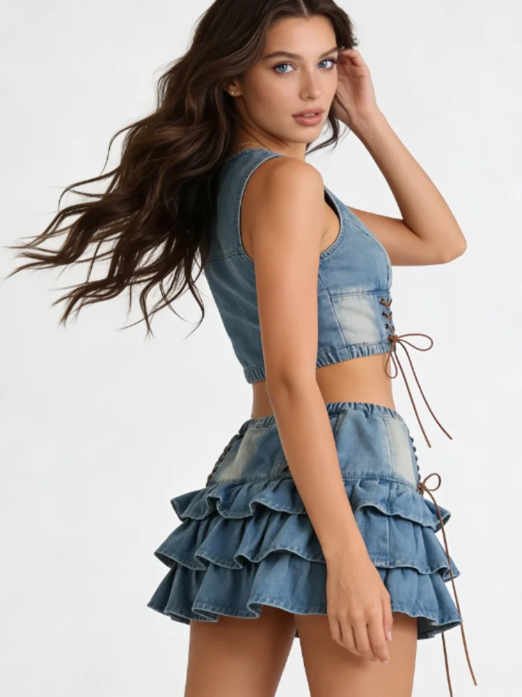 Denim Tiered Ruffle Mini Skirt Women High Waist Lace-Up Ruched A-Line Summer Y2K Aesthetic Streetwear Casual Party Bodycon Skirt