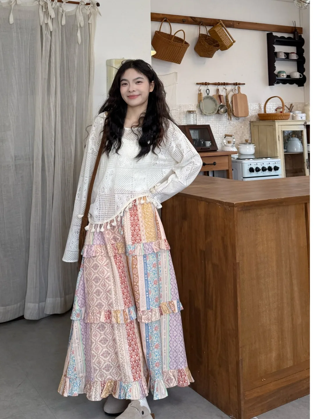 

plus Size Summer New Style Vacation Theme Hollow out Sun Protection Cover up Women's High Waist Floral Half Skirt Two Piece Set