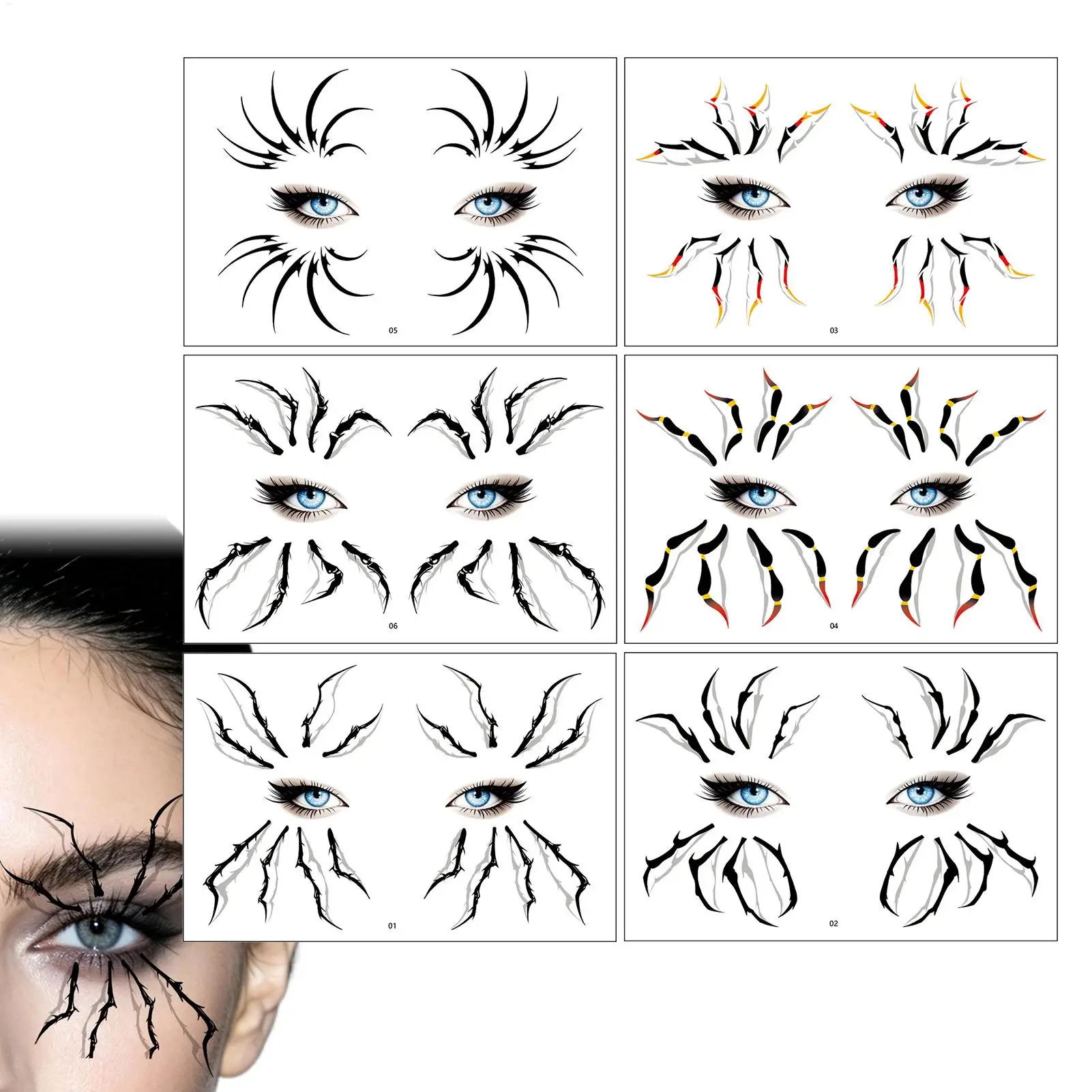 Spider Leg Eye Stickers 6 Pairs Temporary Face Tattoo Halloween Makeup Corner Eye Shadow Decals Festival Party Cosplay Props