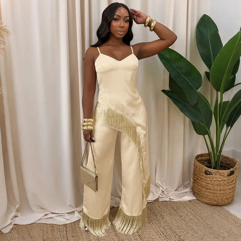 

Elegant Solid Tassel Casual Two Piece Set Women Spaghetti Strap Backless Asymmetrical Long Top and Wide Leg Pants Matching Sets