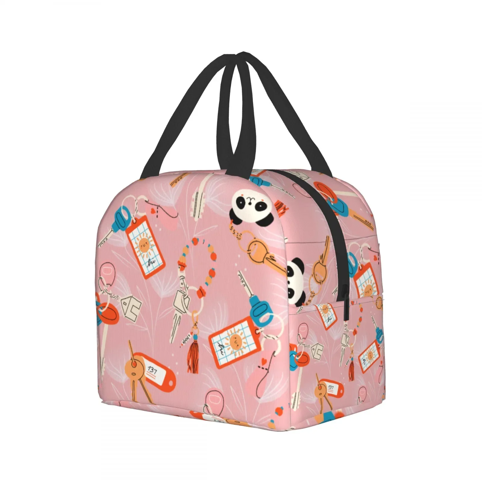 Pink Lunch Bag with Keys, Panda & Tags Pattern, Cute Creative Design, Front Phone Pocket, Ideal for Daily Use, Thermal Tote