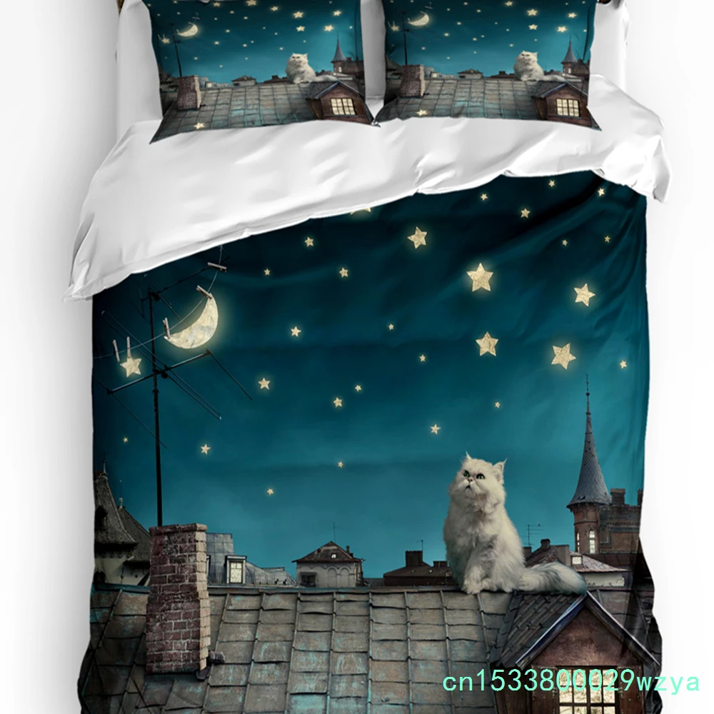 Cat Roof Kitten Night Moon Stars Bedding Set 3pcs Duvet Cover Pillowcase Kids Adult Quilt Cover Double Bed Set Home Textile