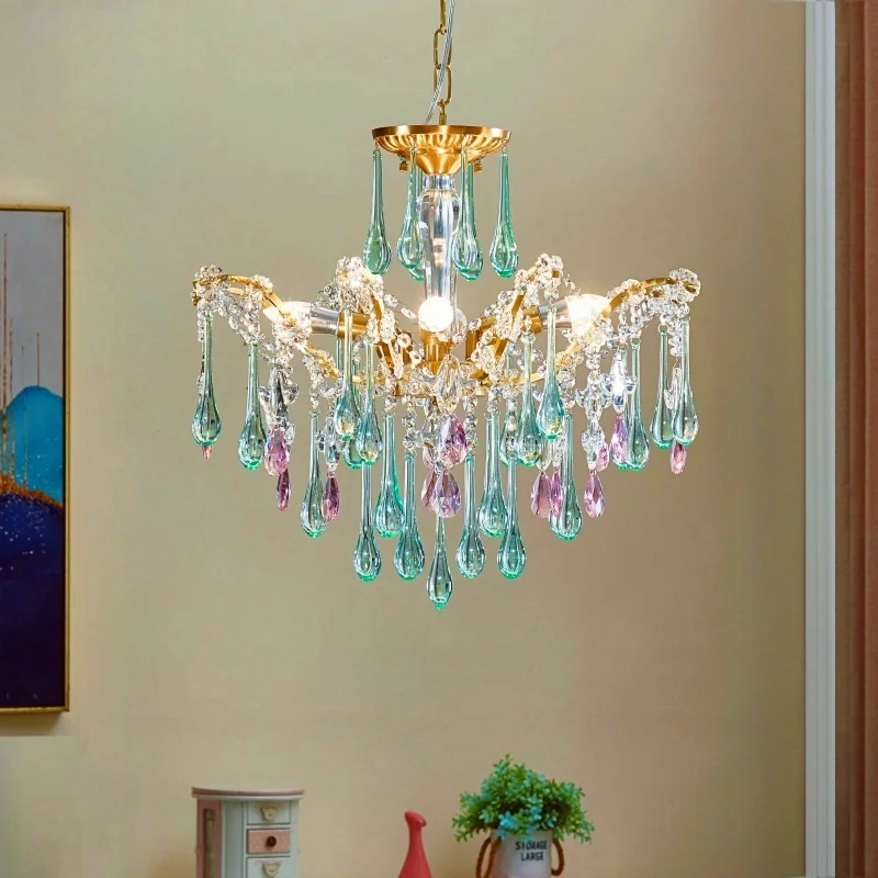 French Style Romantic Pink Green Crystal Pendant Lamp Colored Glass Full Copper/Iron Led Ceiling Light Living Room Bedroom Study