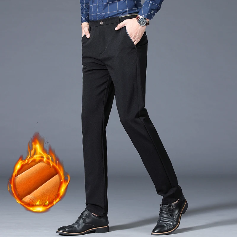 Pantalones de traje de lana cálidos de invierno para hombre, pantalones casuales gruesos formales rectos para oficina de negocios, pantalones térmicos de terciopelo clásicos elásticos