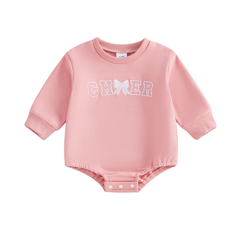 Baby Girl Fall Sweatshirt Romper Letter Bow Print Long Sleeve Crew Neck Bubble Jumpsuit