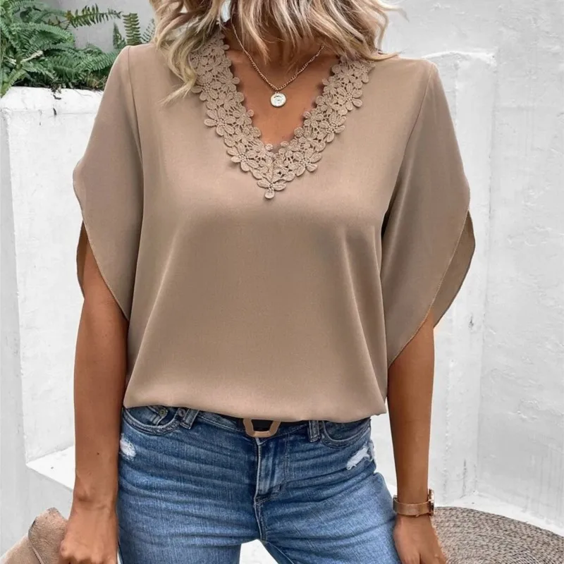 Women\'s Summer Solid Color Flared Sleeve Loose Shirt Top Office Lady Casual Lace Splicing V Neck Half Sleeves Pullover Blouse