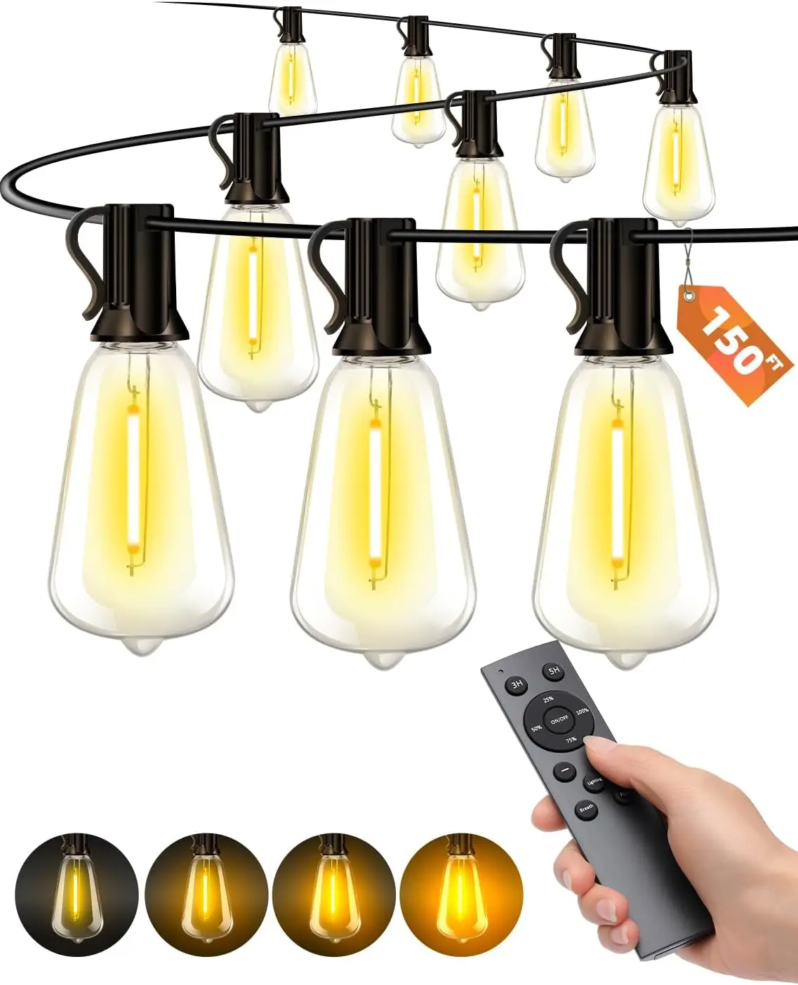 

150Ft Outdoor Patio String Lights - Waterproof, Remote Dimmable, Shatterproof Bulbs for Backyard Party Decor