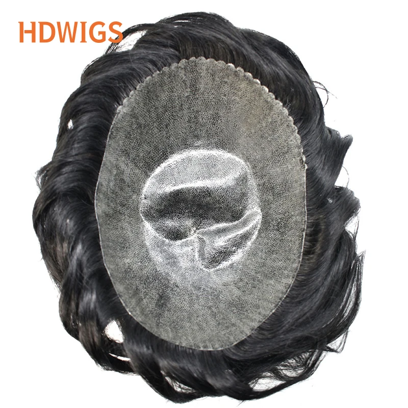 Men Toupee Human Hair HDWIGS Thin Skin Full PU 0.12-0.14cm Indian Human Hair System Replacements Hairpiece Dark Brown With Grey