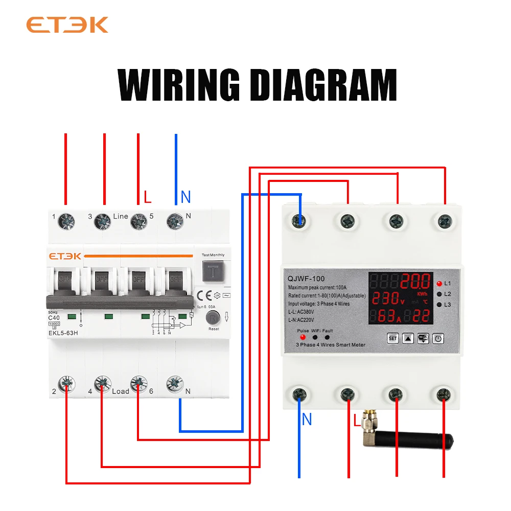 ETEK trifase Smart Auto-reclinabile protezione da sottotensione prepagato regolabile 100a 4P ACType TUYA WIFI misuratore di controllo QJWF