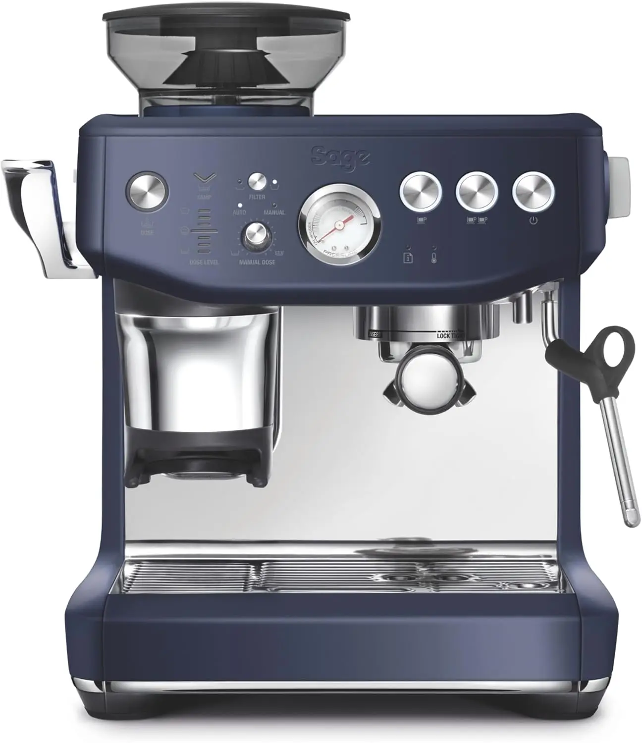 Express Impress Espresso Machine with Grinder Milk Frother Espresso Maker with Assisted Tamping Cappuccino & Latte Machine Blue