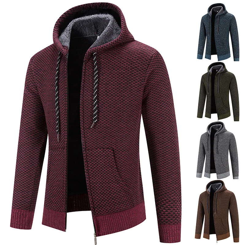 Male Knitted Cardigan Jackets Fleece-lined Thickening Hooded Slim Zip Sweater Coats Commute Streetwear Men's Baseball Clothing