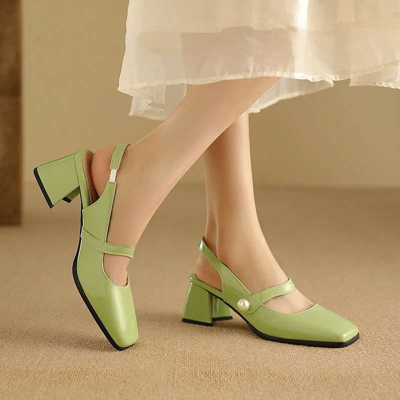 Big Size 44 45 46 Luxury Designer Women Summer Mary Janes Shoes Pink Green Golden Square Chunky High Heels Slingback Sandals