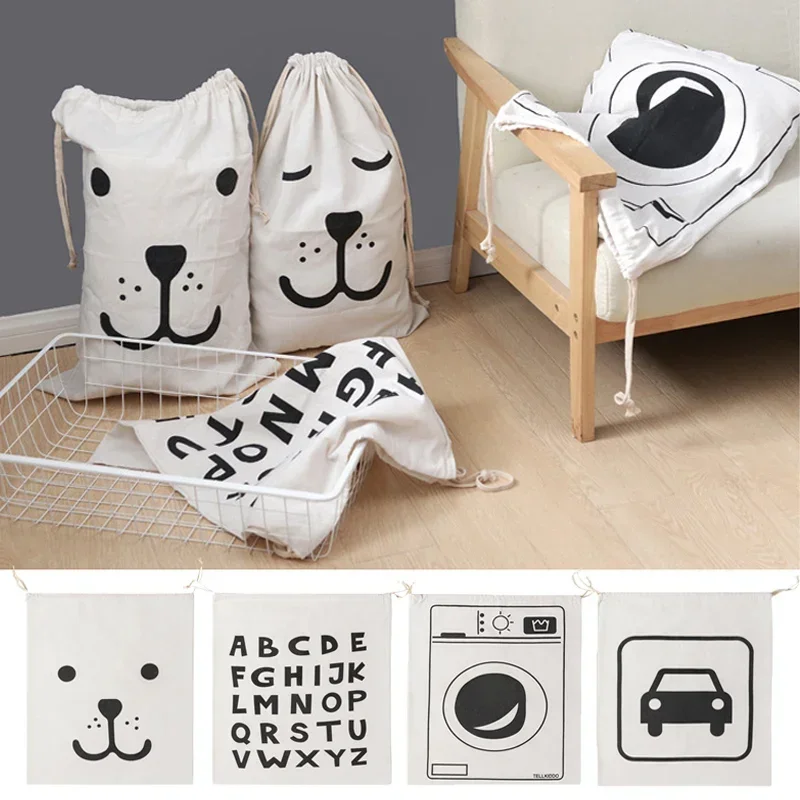 Linen Cotton Laundry Bag Animal Stripe Drawstring Backpack Cartoon Toy Storage Bag Drawstring Dirty Clothes Bag Organizer Pouch