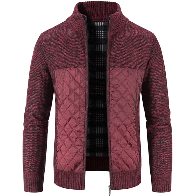 Jaqueta de costura de malha masculina, suéter cardigan grosso, gola alta, roupa casual masculina, outono, inverno, caloroso