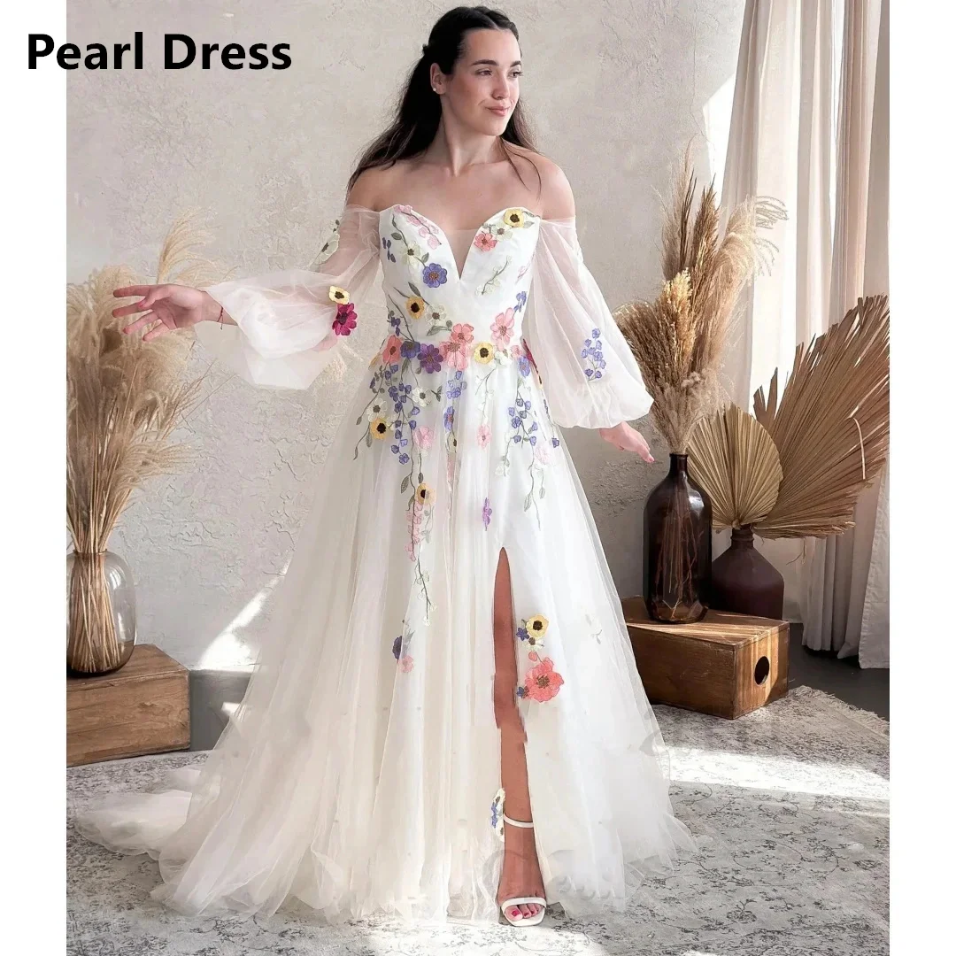 

Pearl Custom Made Prom Dress Women Elegant Party Dresses Woman Floral Lace Leaky Shoulders Luxurious Women's Evening Dresses