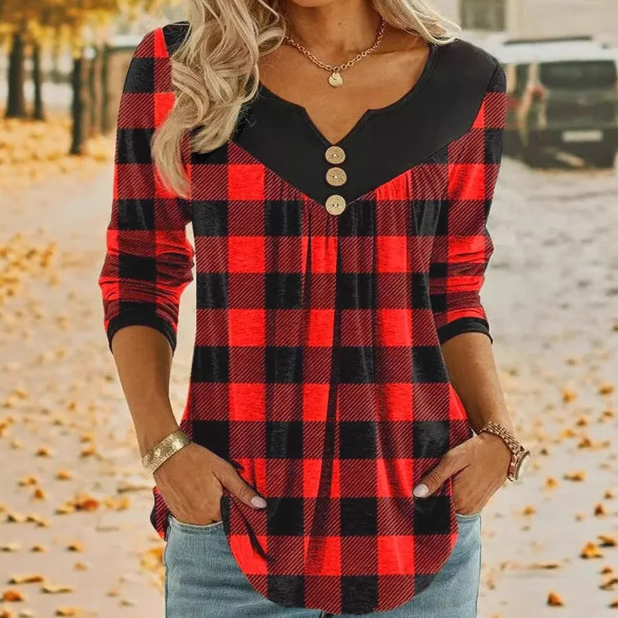 

Women's Casual V-neck Long Sleeved Christmas Plaid Printed Top T-shirt Vintage Blouse Women Clothing