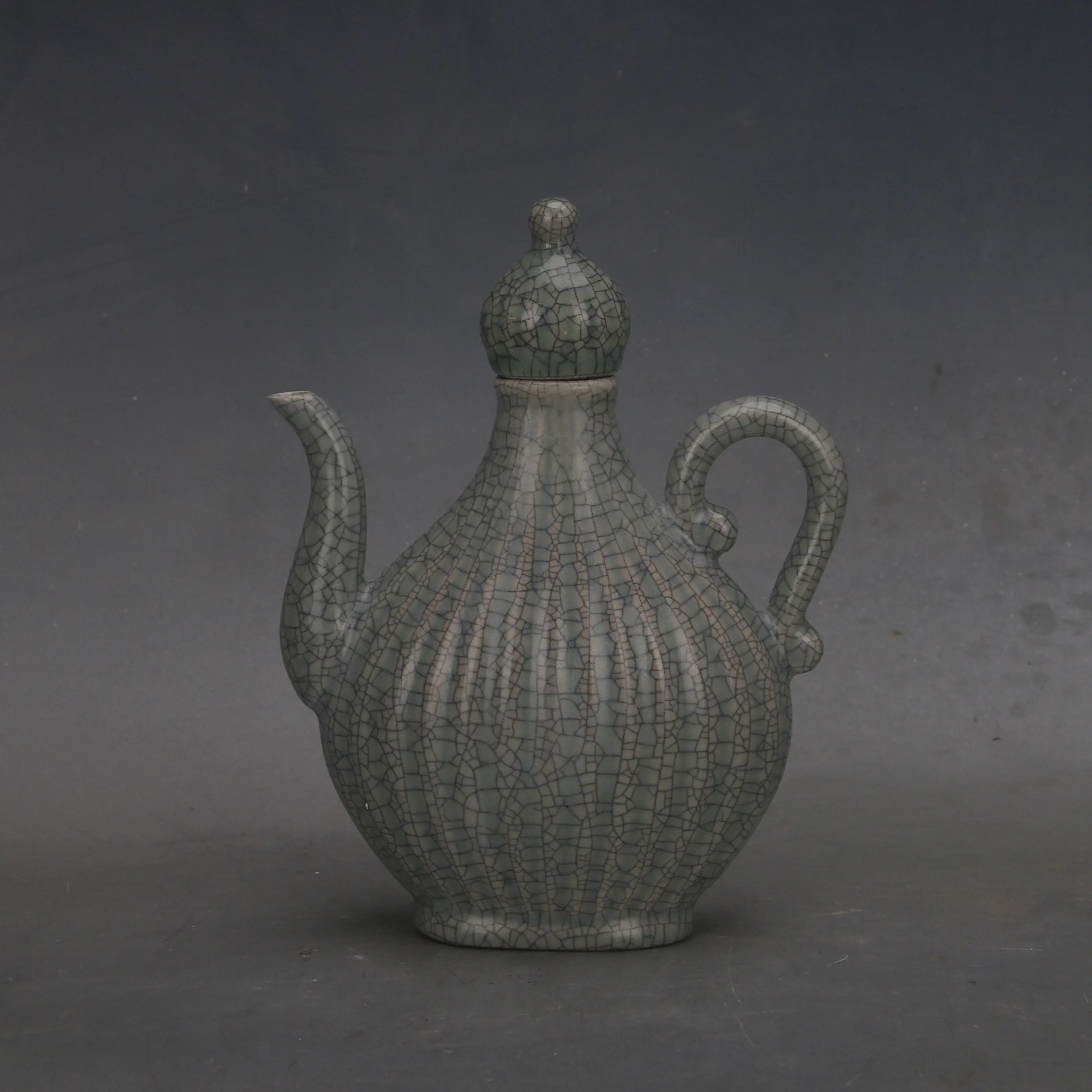 Chinese Ru Kiln Celadon Melon Ribbed Long Handle Flat Ewer Reproduction Five Kilns Style Home Decor