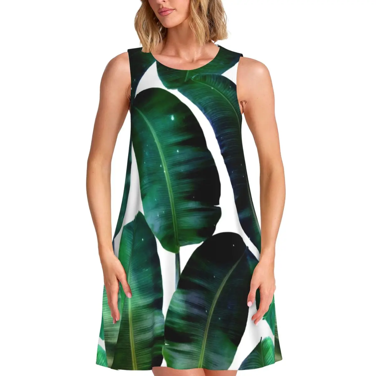 Cosmic Tropical Print Tank Dress Banana Leaves Aesthetic Dresses Sleeveless Sexy Dress Wholesale O Neck Lady Pattern Clothing