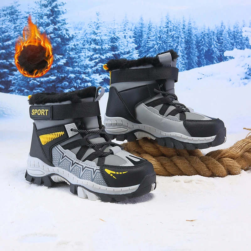 

Зимние бархатные детские зимние ботинки, теплые плюшевые ботинки, высокие походные туфли, хлопковая обувь для мальчиков, уличная нескользящая детская спортивная обувь