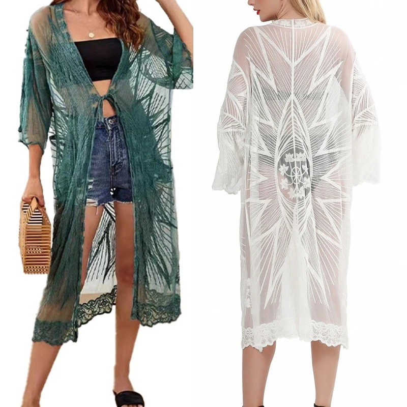 Mulheres verão sexy transparente kimono cardigan cor sólida floral renda 3/4 mangas frente aberta cobrir rendas praia