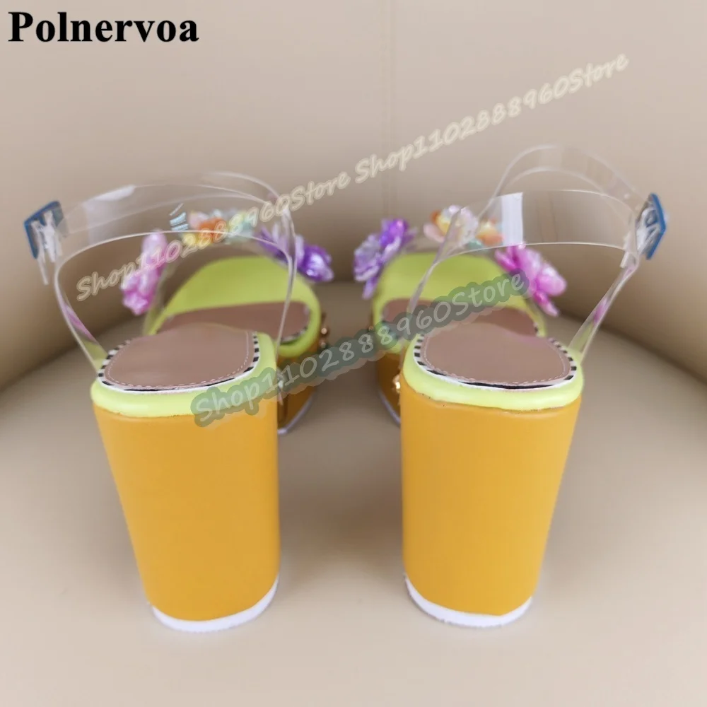 รองเท้าส้นหนาแบบเปิดนิ้วเท้า สายรัดข้อเท้า วัสดุ PVC ใส ลายดอกไม้ สำหรับผู้หญิง สไตล์ทันสมัย เหมาะสำหรับงานปาร์ตี้