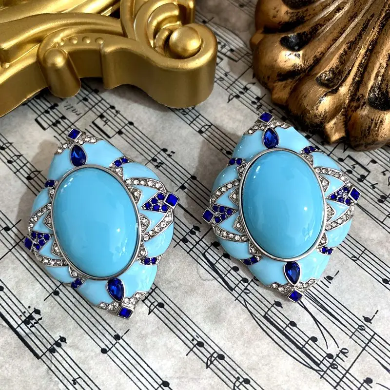 Antique Alloy French Retro Sea View Blue Enamel Colored Glaze Fashion Exaggerated Earring Accessories