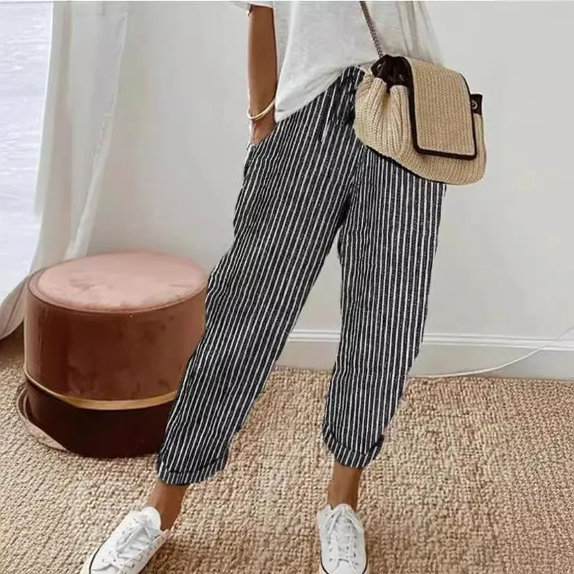Women's Casual Loose Fashionable Striped Pants Mid-Low Waist PVC Cotton 100% Cleanfit Style Summer New Arrival