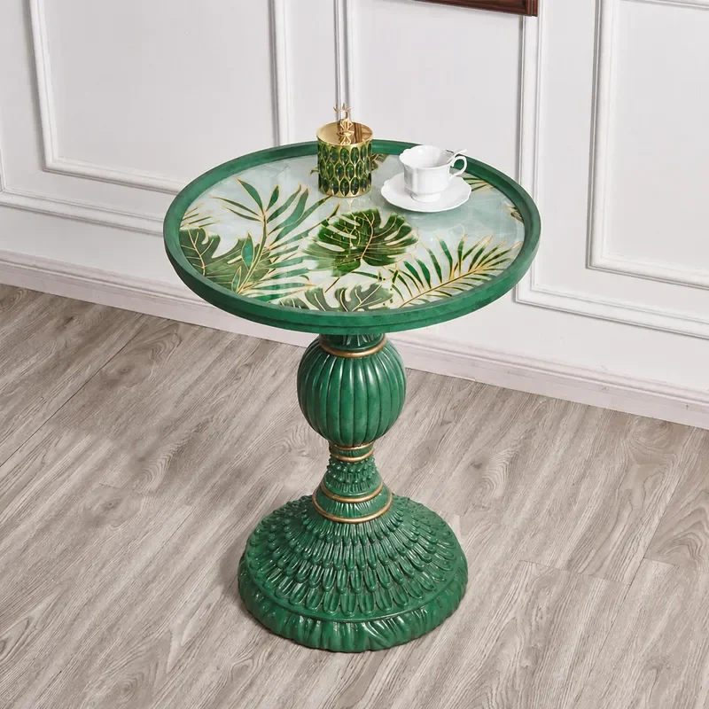 Luxury Emerald Green Solid Wood Round Coffee Table with Tempered Glass Top Modern Living Room Reception Side Table for Home