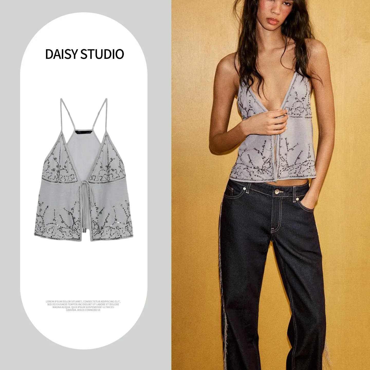 

Summer New Women's V-neck Knot Embroidery Beaded Decoration Halter Top Fashionable Short Style Female Blouse