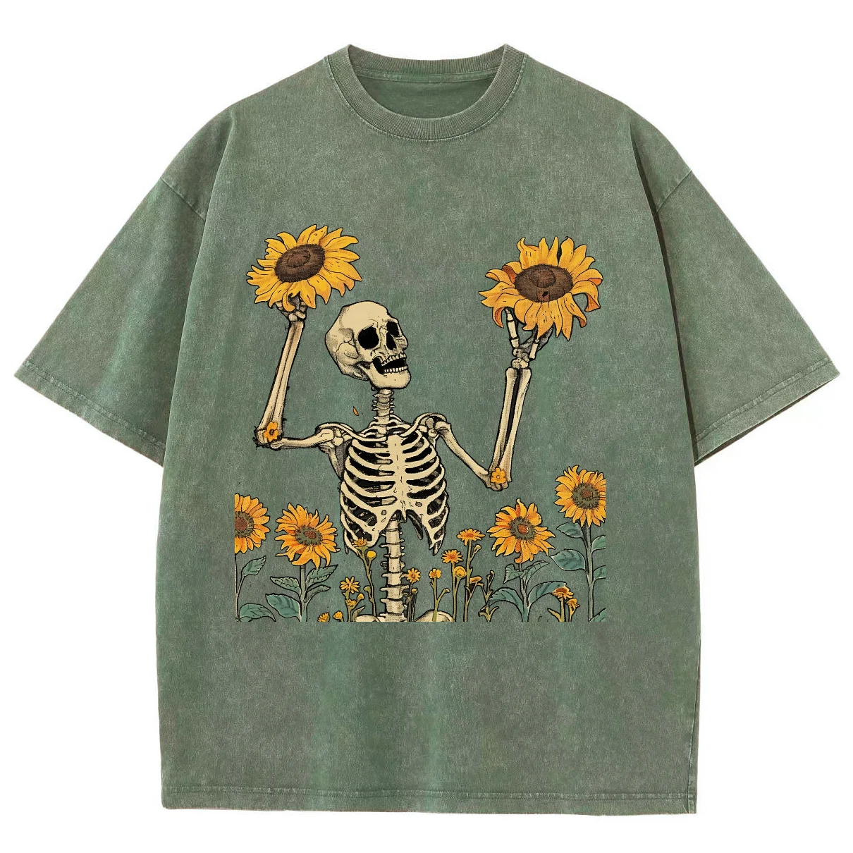 Skull Sunflower Print Fashion Design T-Shirt Teen Student Oversized Loose Short Sleeve High Street Hip Hop Top Summer 2024