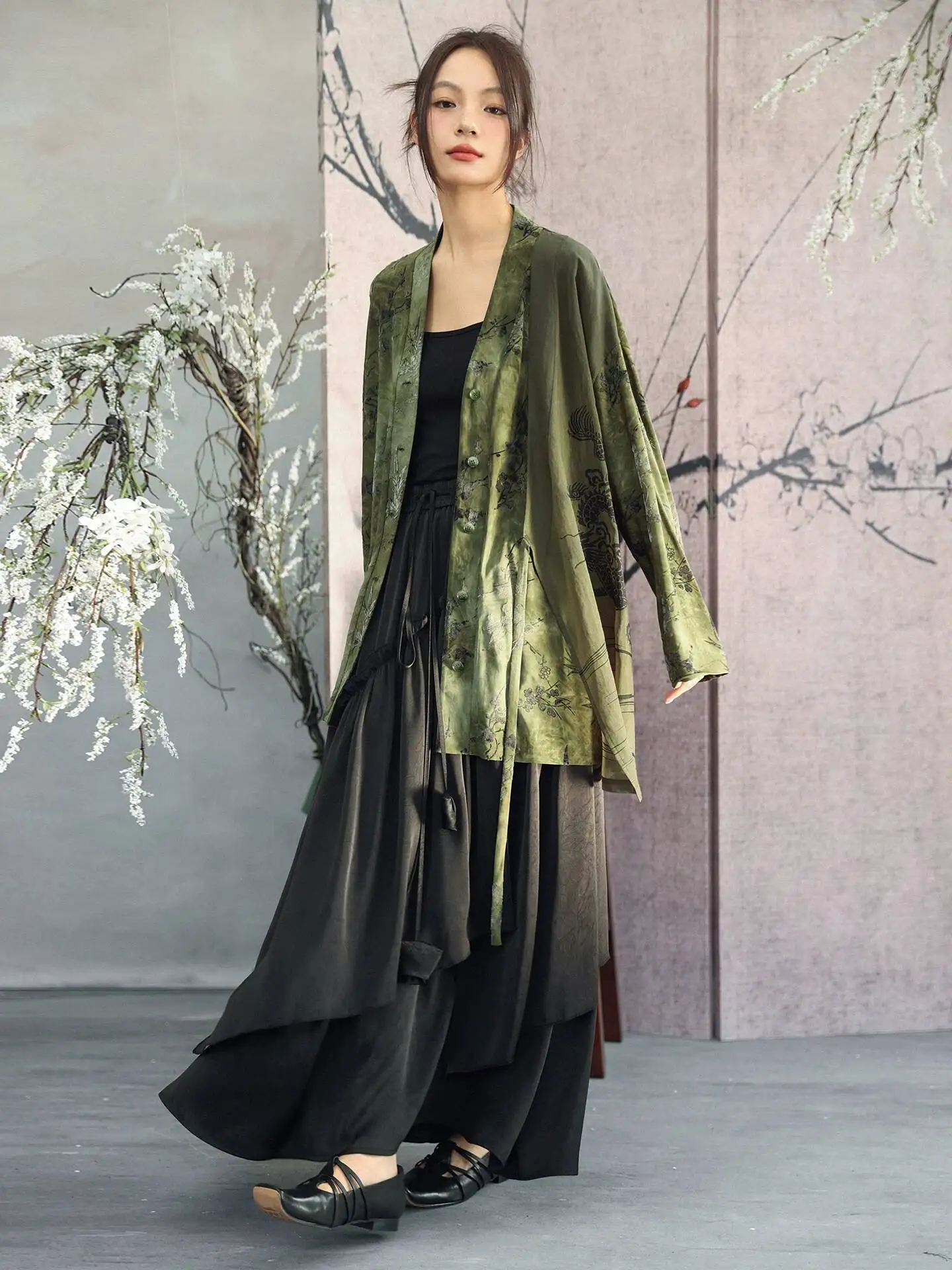 UMI MAO New Chinese Style Bamboo Leaf Flocked Dragon Pattern Shirt Jacket For Women Spring Top Femme