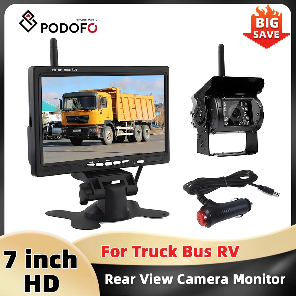 Podofo Wireless Camera Car Monitor 7 ''TFT LCD Screen Car Reverend View Monitor 18 IR Night Vision Parking System For Truck Trailer