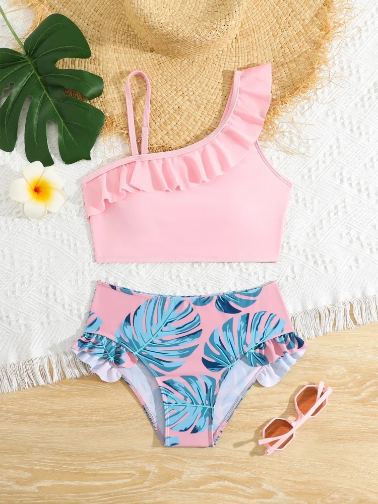 

Bikini Girls Kids Swimsuit 2025 New Print Sloid Ruffle Sling Children Swimwear Summer Two Piece High Waist Beach Bathing Suits