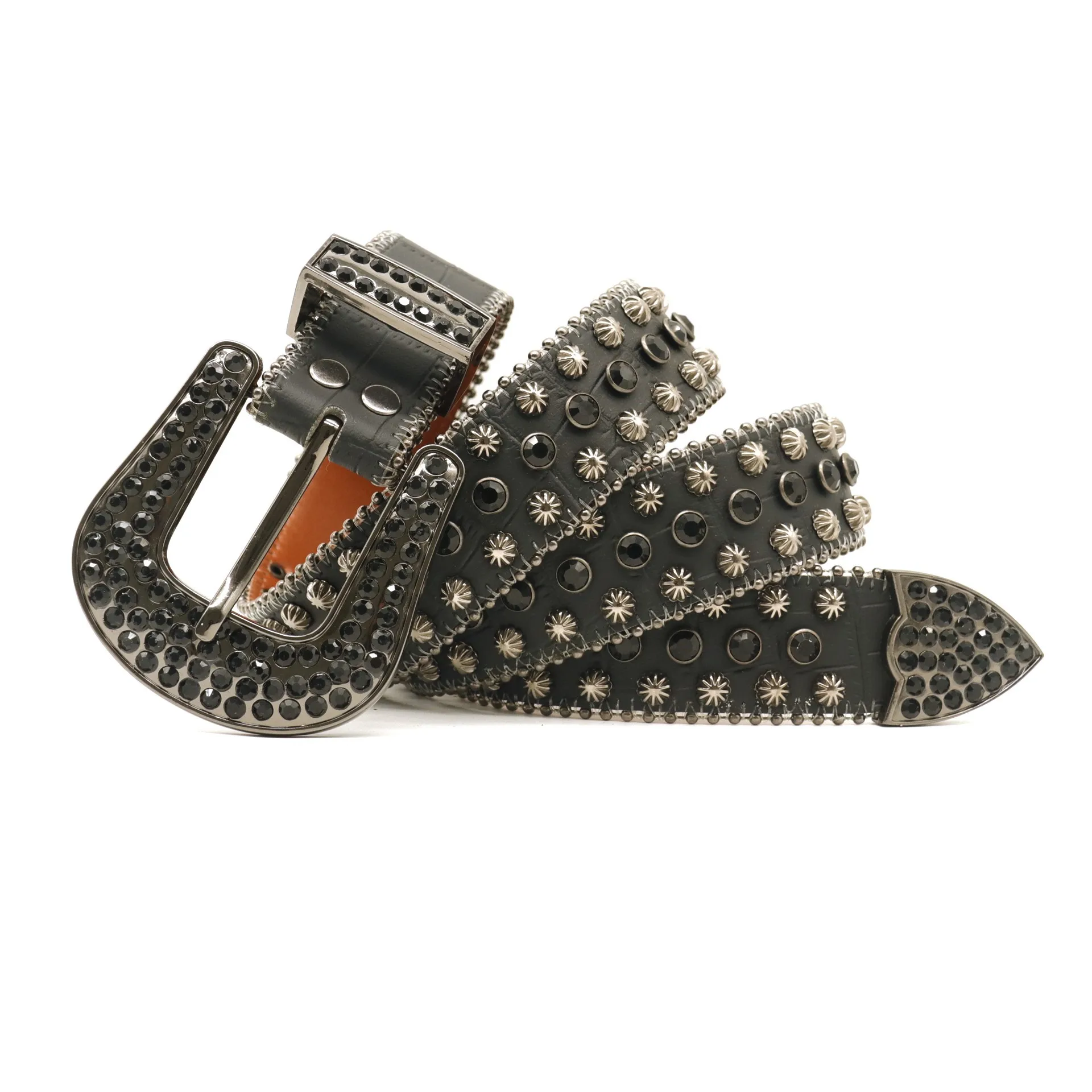 Men's rhinestone belt with crocodile pattern PU leather, hand-set rhinestones, alloy buckle, punk hip-hop dark style
