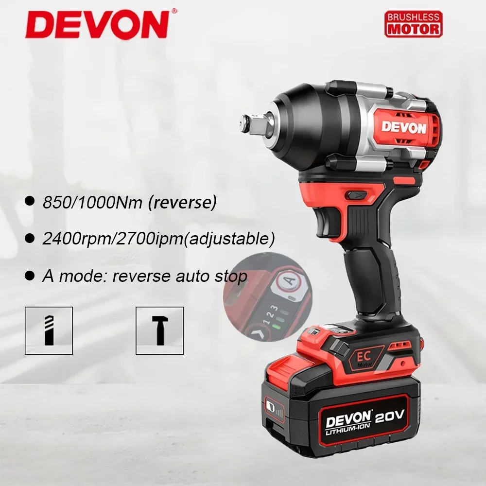 

Devon Heavy Duty Cordless Impact Wrench Brushless 5759 Max 850Nm Torque Adjustable 2400rpm 2700ipm Universal 20v Flex Battery