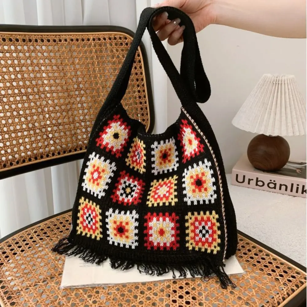 

Tassel Knitting Shoulder Bag Boho Ethnic Style Bohemian Crochet Crossbody Bag Hollow Out Floral Casual Woven Handbag Vacation