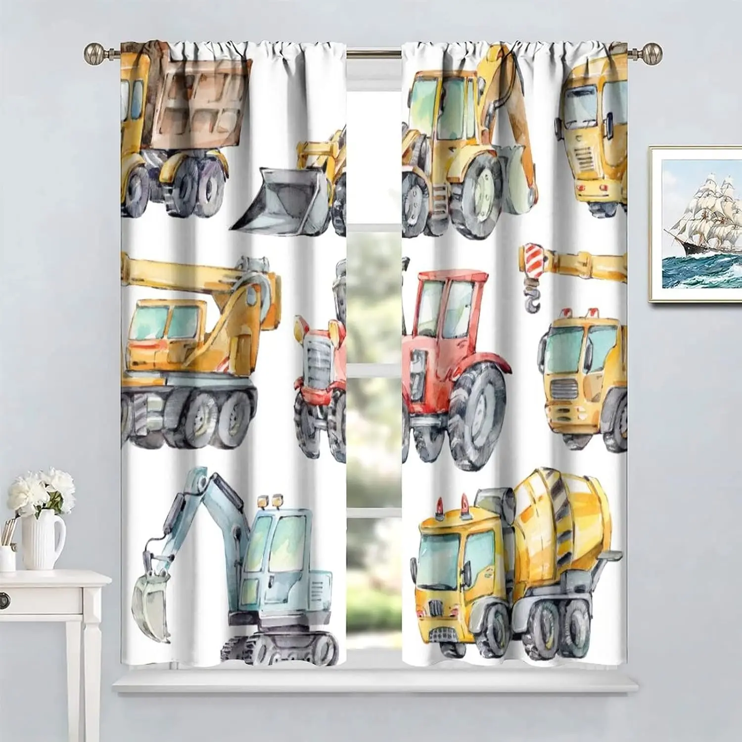Cortinas de excavadora para niños, camiones retro, tractores, maquinaria, vehículos de construcción, grúa, excavadora, varilla mezcladora, ventanas decorativas de bolsillo
