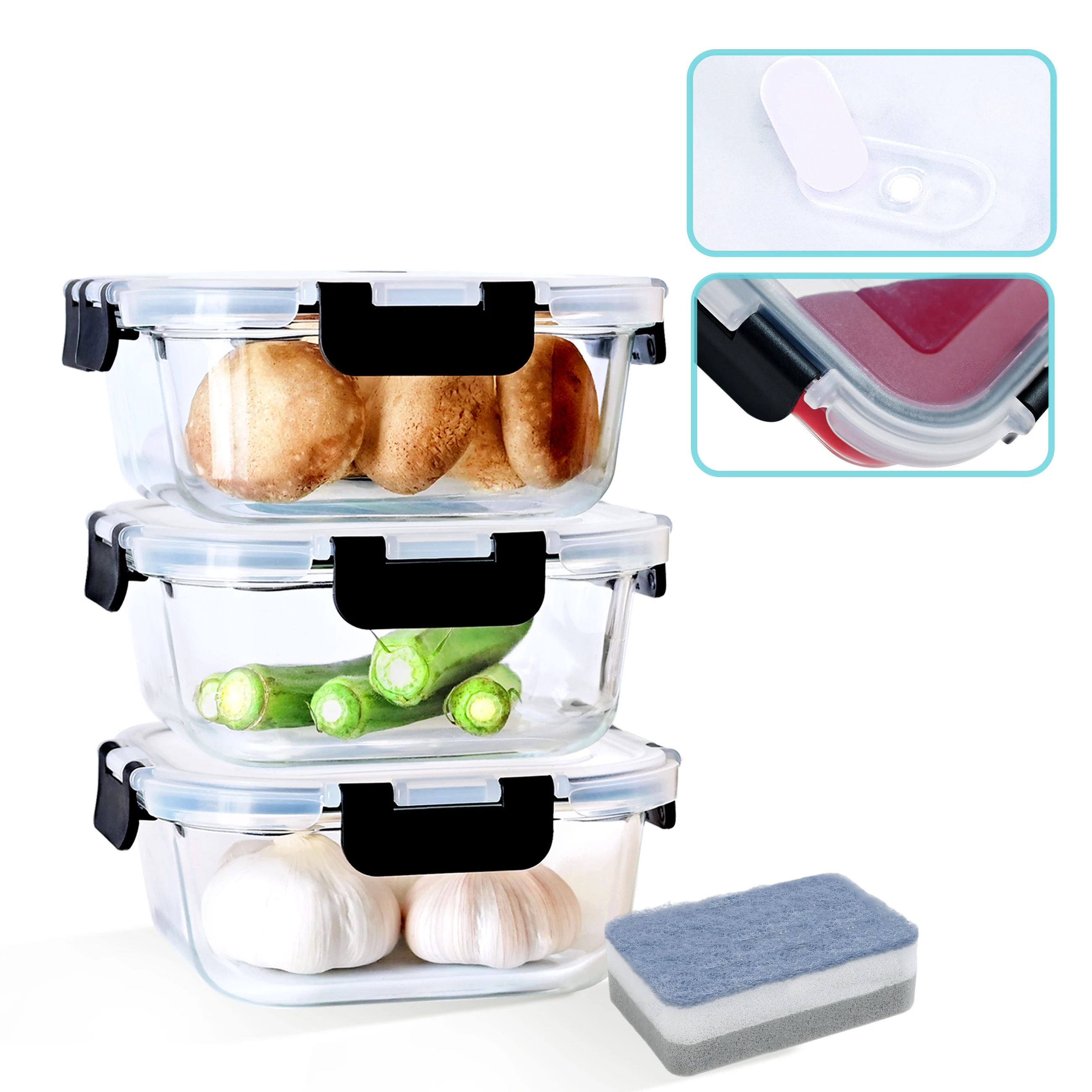 SAEIV 320/800ml Glazen Voedselcontainerset, Voedselbewaarbak met Zwarte Afdichtingsdeksel, Lekvrij, Veilig & Draagbaar, BPA-vrij.