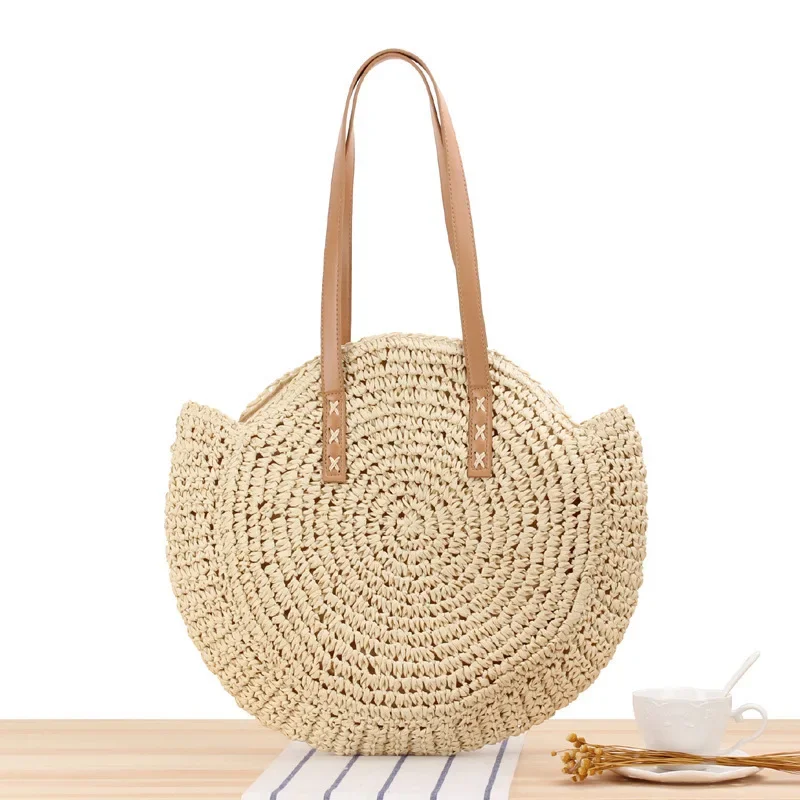 

Summer Round Straw Women Vacation Woven Beach Shoulder Bag Lady Large Capacity Hollow Out Simple Tote Bag Female Casual Handbag