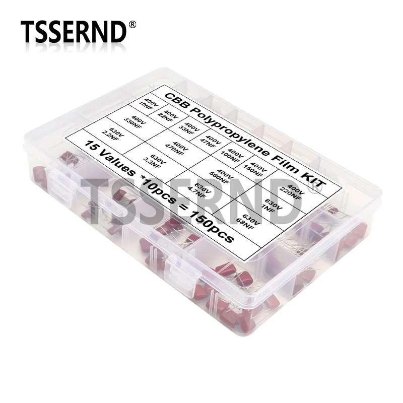 150pcs CBB Polypropylene Film capacitor Kit 10NF - 68NF 400V 630V Capacitance Assortment Set 22NF 47NF 100NF 220NF 470NF 560NF