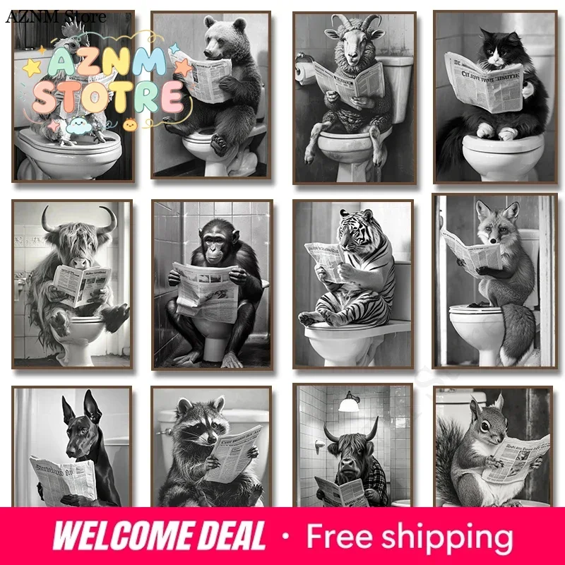 Vintage Animal Sitting on The Toilet Reading Newspaper Poster Bear Monkey Highland Cow Canvas Painting Funny Bathroom Wall De